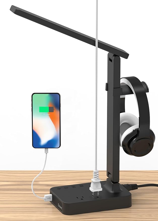 Drevet LED Desk Lamp with Headphone Stand, Desk Light with 1 USB Charging Port and 2 AC Power Outlet, 3 Lighting Modes, 3 Level Brightness,1H Timer, Memory Function, Eye-Caring Gaming Desk Lamp by Drevet