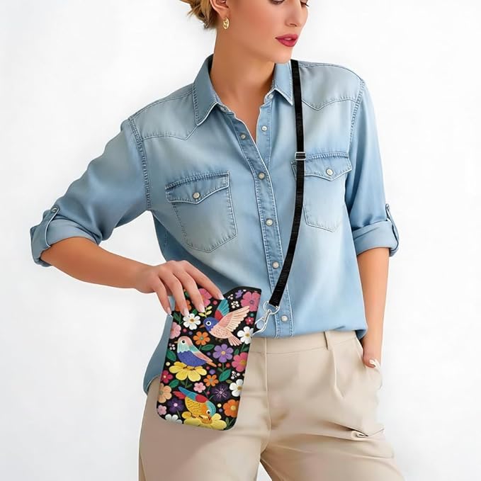 Floral Phone Pouch Phone Crossbody Sleeve Birds Colorful Nylon Neoprene Waterproof Cellphone Bag Case with Strap Neck Lanyard Protective Carrying Cover Fits Most Smartphones 7.1 x 3.9 Inch - Image 6