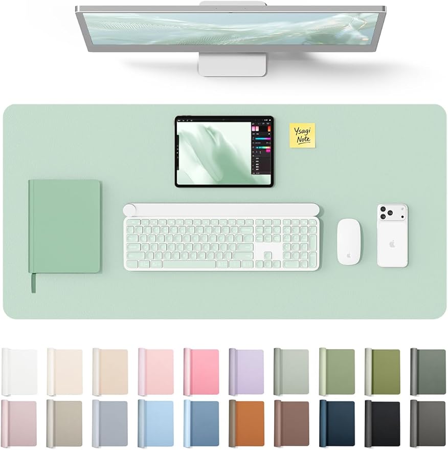YSAGi Leather Desk Protector, Office Mat, Large Mouse Mat, Non-Slip PU Leather Blotter, Laptop Desk Pad, Waterproof Writing Pad for Office and Home (Pale Green, 35.4" x 17") by YSAGi