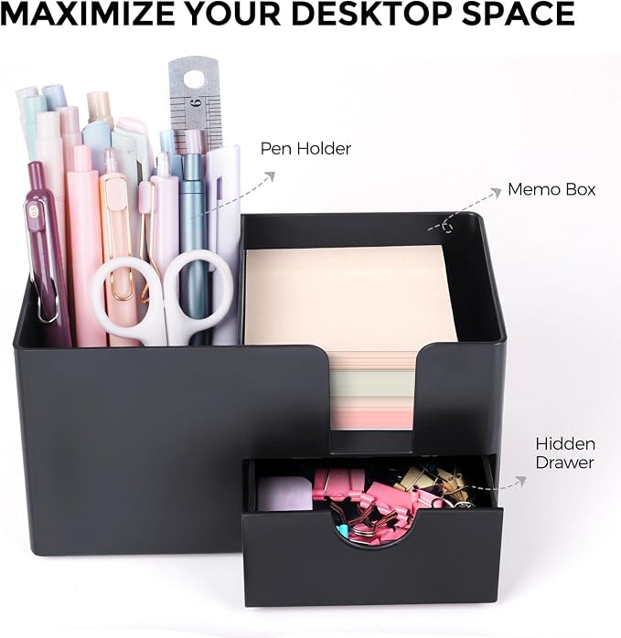 SKYDUE Small Desk Organizer with Drawer | 3 Compartments, Desk Pen Holder, For Home, School, Office & College Dorm Room - Image 2
