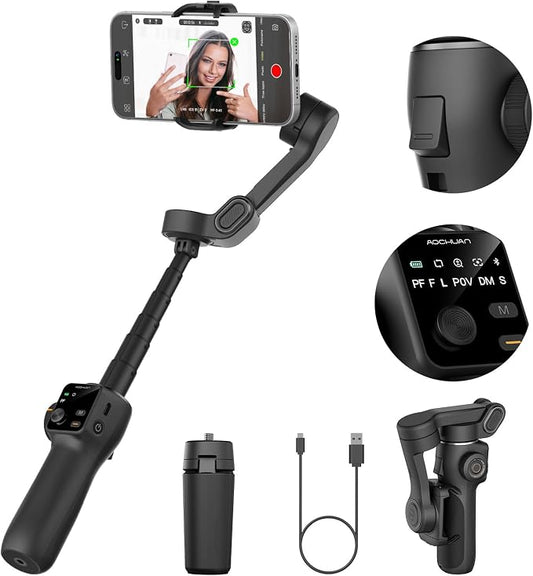AOCHUAN 3-axis Gimbal Stabilizer for iPhone w/Built-in 7.8' Extension Rod, Smartphone Gimbal w/AI Tracking, Portable Phone Holder for iPhone & Android w/Full-Screen OLED Display, Smart V8(Black) by AOCHUAN