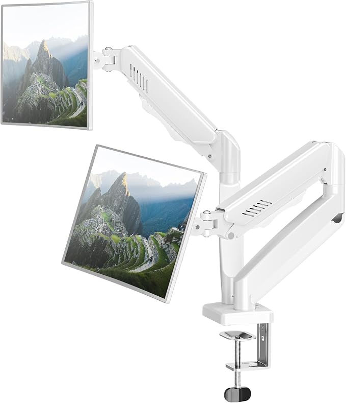 Dual Monitor Arm Desk Mount Fits 13 to 32 inch Computer Screens, Holds 4.4 to 19.8lbs Display VESA Mount, Adjustable Double Monitor Stand with Clamp/Grommet Base, 75/100mm Bracket, White, Freelift by MOUNTPRO