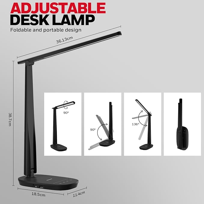Honeywell HWT-H2 LED Desk Lamp for Home Office, CRI94 Full Spectrum Eye-Caring Light, Dimmable Table Lamp with USB-A & USB-C Charging Ports, Foldable Touch Control Reading Lamp, Black - Image 3