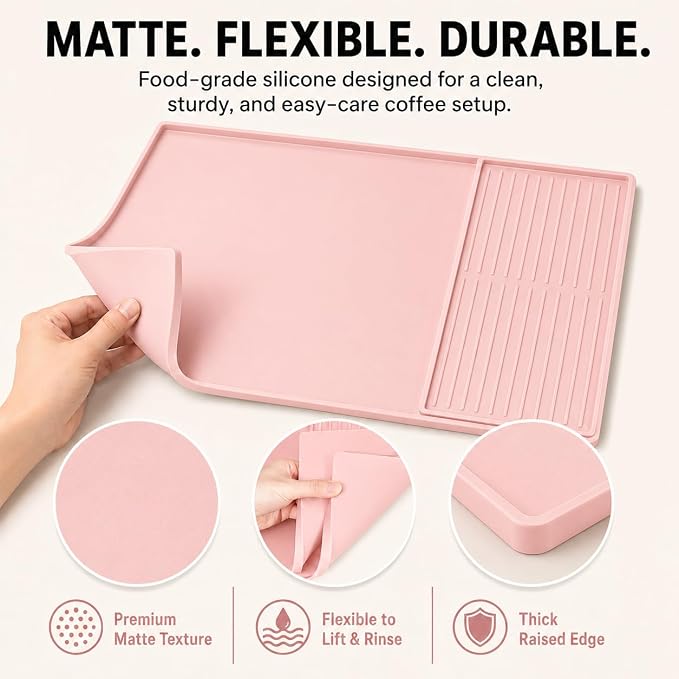 Silicone Coffee Mat 24 x 16 in with Tray, Soft Light Pink | Coffee bar mat for countertop use, coffee station mat or coffee machine mat with removable tray and 0.47 in raised rim. - Image 5