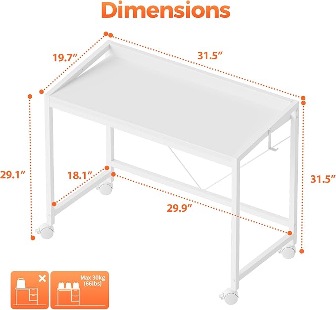 Mericonia 32x20 Inch Small Computer Desk with Wheels & Rear Lip | Simple Rolling Desk, Writing Table for Home Office Bedroom Work Study, White - Image 2