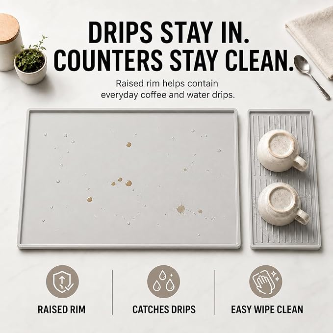 Silicone Coffee Mat 24 x 16 in with Tray, Minimal Light Gray | Coffee bar mat for countertop use, coffee station mat or coffee machine mat with removable tray and 0.47 in raised rim. - Image 6