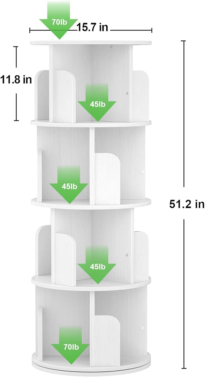 Aheaplus Rotating Bookshelf, Small Corner Bookshelf for Small Space, 360 Display 4 Tier Floor Standing Bookcase Storage Rack, Wood Narrow Book Shelf Organizer for Bedroom, Living Room, White - Image 3