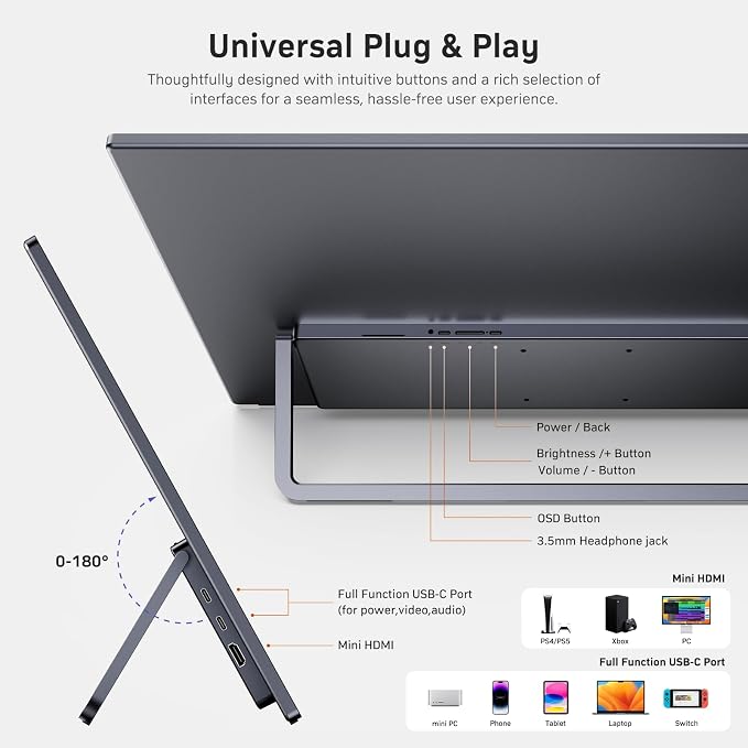 MNN 23.8" 100Hz FHD IPS USB-C HDMI Portable Gaming Monitor | 23.8" FHD IPS 100Hz, metal kickstand+speakers, USB-C/HDMI, PC/Phone/PS5/Xbox/Switch, home office & gaming. - Image 7