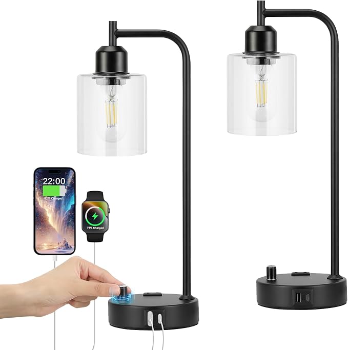 Industrial Nightstand Lamps for Bedrooms Set of 2 - Fully Dimmable Bedside Lamps with USB A C Ports and Outlet, Black Table Lamps with Clear Glass Shade for Living Room, Desk Lamps for Office Reading - Image 8