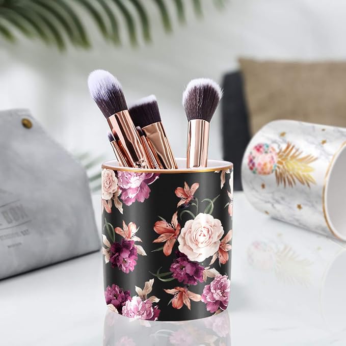 Pen Holder for Desk, Pencil Cup Holder, Cute Floral Makeup Brush Holder Durable Ceramic Flower Design Desk Pencil Organizer for Office, Classroom, Black - Image 2