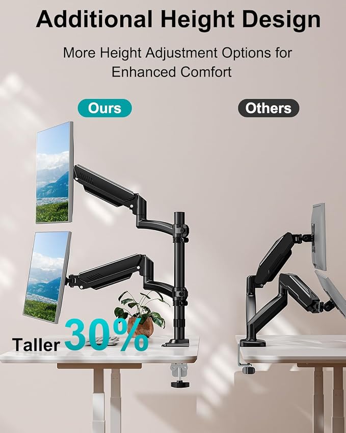 Dual Monitor Stand for 2 Screens up to 32 inch, Vertical Stacked Dual Monitor Mount, Full Motion Adjustable Tall Double Monitor Desk Mount, Each Arm Holds 4.4-22lbs, VESA 75/100mm, Black, Freelift - Image 4