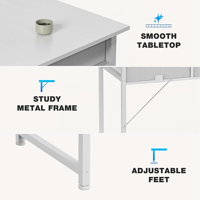 OLIXIS 32 Inch Small Desk, Computer Desk, Home Office | Fabric Drawers, Side Bag, Headphone Hook, Writing Study Work Table, Bedroom, Natural White - Image 6
