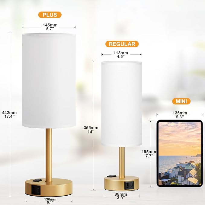 Fenmzee Gold Nightstand Bedroom Lamp - 3 Way Dimmable Bedside Lamp USB C A Charging Ports and AC Outlet, Small Table Lamp Linen Lampshade for Office Desk - Image 2