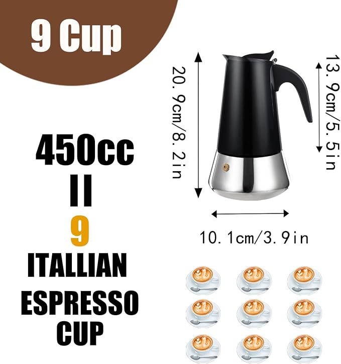 9 Cup Stovetop Espresso Maker Stainless Steel Moka Pot Stove Top Percolator Italian Coffee Makers Capable Mocha Greca Machine Cafe Classic Induction Cookers for Home and Camping 450ml 15oz - Image 2
