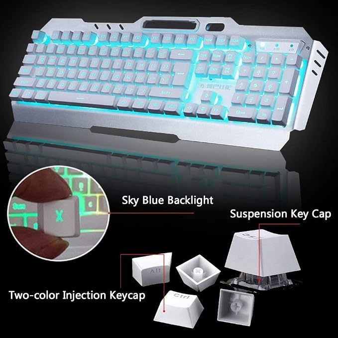 Wireless Keyboard and Mouse, Blue LED Backlit Rechargeable Keyboard with 3800mAh Battery, Metal Panel, Removable Hand Rest Mechanical Feel, 7 Color Gaming Mute Mouse for PC Gamers - Image 5