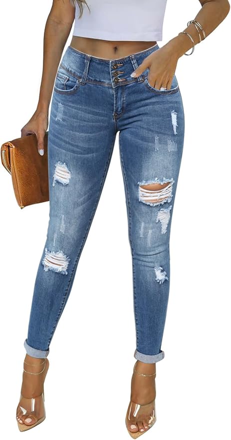 KUNMI Women's Skinny Ripped Trendy Jeans Distressed Stretchy Denim Pants by KUNMI