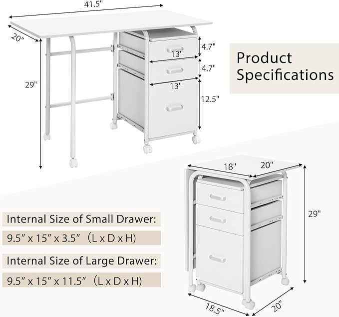 Folding Computer Desk with 6 Wheels, 41.5" Modern Steel Collapsible Home Office Desk with 3 Storage Drawers, Portable Writing Laptop Desk for Bedroom, Study, Small Space, Home Office, White - Image 3