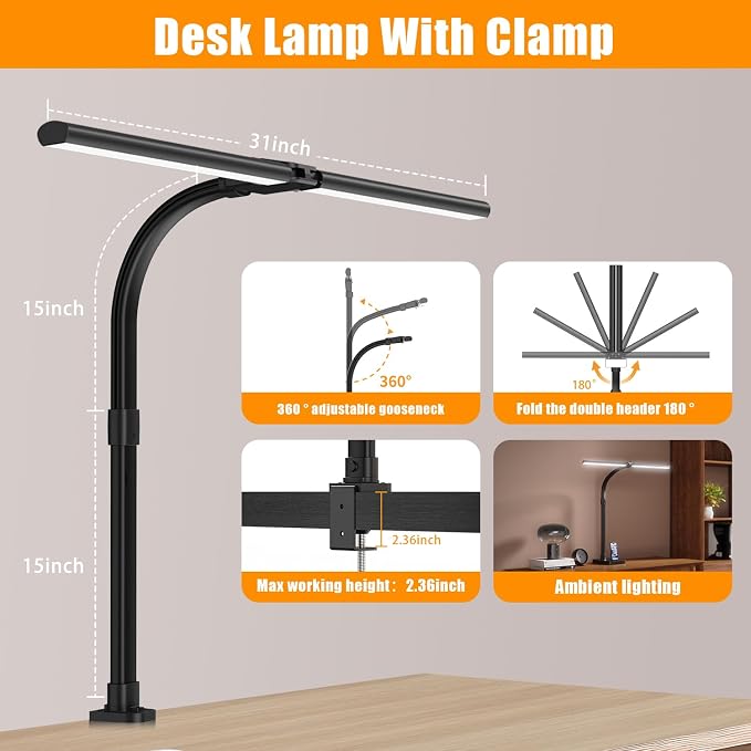 AKRRYR Led Desk Lamp for Home Office,24W Bright Eye-Caring Desk Light with Clamp,5 brightness and 5 temperatures Dimmable Workbench Task Light, Adjustable Gooseneck Table Lamp for Monitor Study(black) - Image 3