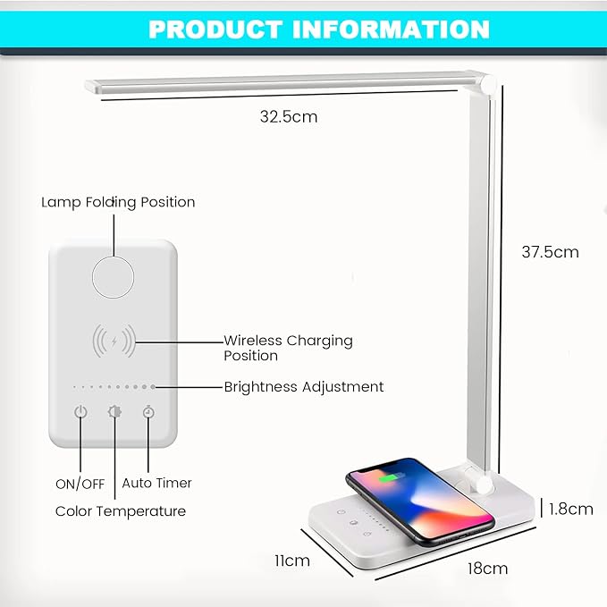 LED Desk Lamp with Wireless Charger, USB Charging Port, Desk Light with 10 Brightness, 5 Color Modes, Dimmable Eye Caring Reading Desk Lamps for Home Office, Touch Control, Auto Timer, White - Image 5