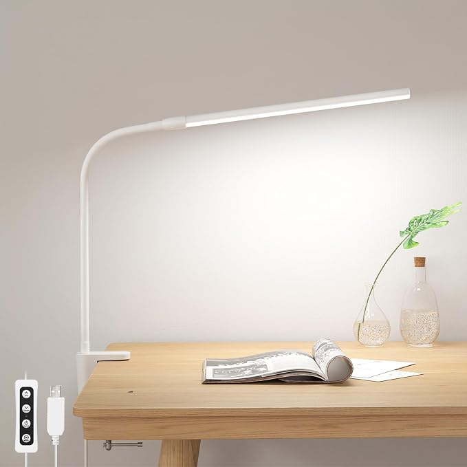 Lepro Small Desk Lamp with Clamp, LED Reading Lamps, 460LM, 5W, White | 3 Color Modes 10 Brightness, Dimmable USB Clip on Desk Light with Gooseneck Swing Arm for Nail, Home Office and Dorm by Lepro
