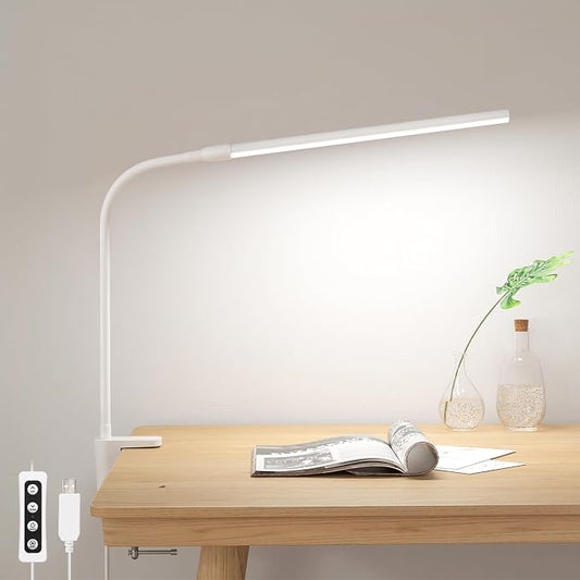 Lepro Small Desk Lamp with Clamp, LED Reading Lamps, 460LM, 5W, White | 3 Color Modes 10 Brightness, Dimmable USB Clip on Desk Light with Gooseneck Swing Arm for Nail, Home Office and Dorm by Lepro
