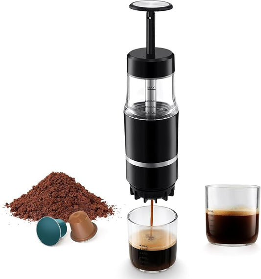 Portable Coffee Maker for Travel & Camping, Travel Lightweight Coffee Machines, Manually Operated, Compatible with Ground Coffee & NS Capsule Black (1Pcs) by PHCOHIDO