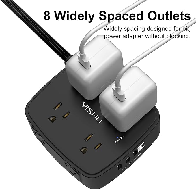10 Ft Surge Protector Power Strip - YISHU 8 Widely Outlets with 4 USB Ports, 3 Side Outlet Extender with 10 Feet Flat Extension Cord, Ultra Flat Plug, Wall Mount, Desk USB Charging Station, ETL, Black - Image 4