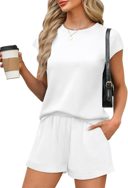 WIHOLL 2 Piece Sets for Women Casual Summer Travel Vacation Outfits Cap Sleeve Shorts Lounge Set by WIHOLL