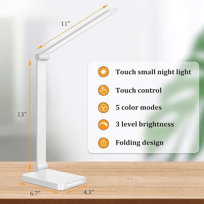 LED Desk Lamp with USB Ports,Touch Desk Lamps for Home Office with 5 Modes | 3 Brightness Desk Light with Small Night Light,Reading Lamp Table Lamp for Bedroom Bedside Study White （with adapter） - Image 3