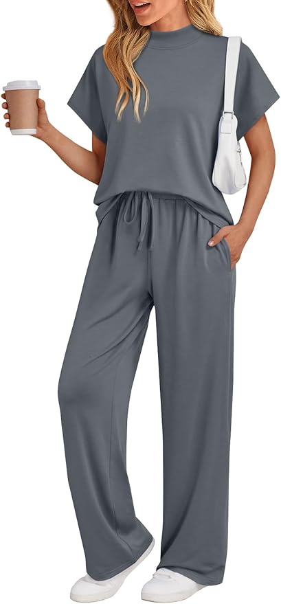 AUTOMET Women's 2 Piece Matching Lounge Sets 2026 Summer Mock Neck Sweatsuits Short Sleeve Loungewear Travel Outfits by AUTOMET