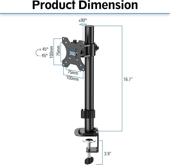 MOUNTUP Single Monitor Mount, Adjustable Monitor Stand for Max 32 Inch Flat Curved Computer Screen, Monitors Arm Desk Mount Fit VESA 75x75& 100x100, up to 17.6lbs, with C-Clamp and Grommet Base, Black - Image 6