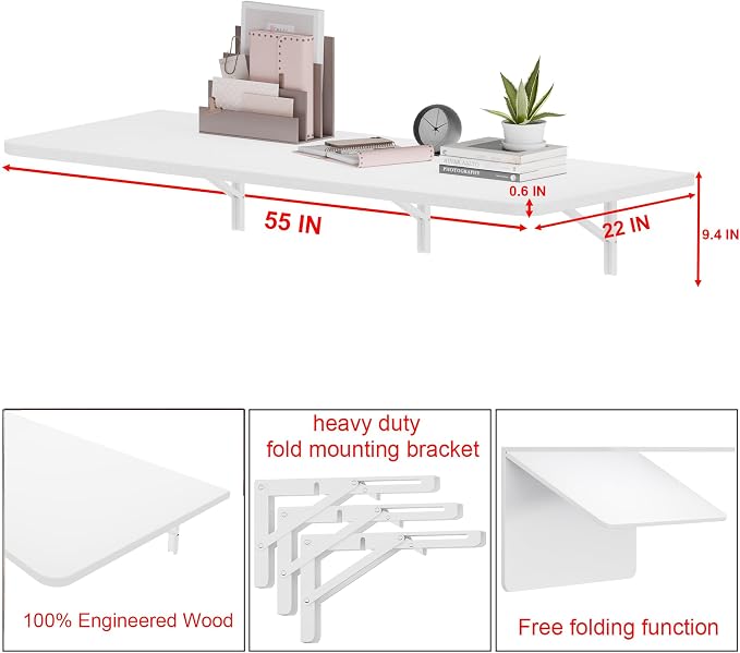 IAE 55x22in Floating Fold Desk,Wall-Mounted Folding Computer Table,White | Study Table with Shelf Brackets,Foldable Down Shelf with Engineered Wood,Fold Computer Desk for Small Apartment,Holds 514 lb - Image 2