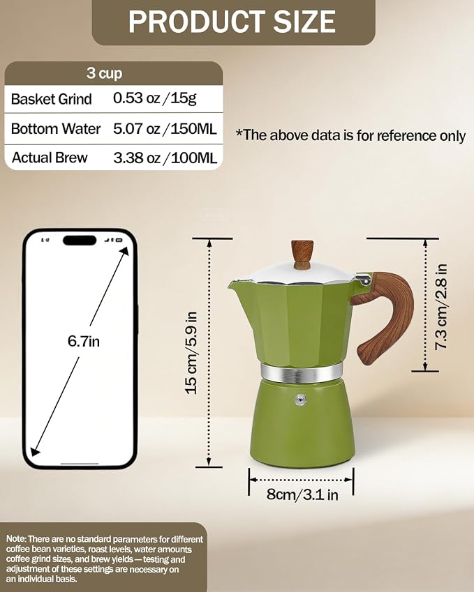 Coffee Maker Stovetop Espresso Maker 3 Cup Aluminum Moka Pot Percolator 5oz 150ml Easy Brewing for Electric Ceramic Stoves Home Camping Italian Cuban Café Classic Sip Sized Green - Image 2