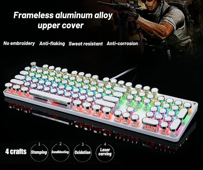 YSCP Typewriter Style Mechanical Gaming Keyboard Rainbow Backlit Wired with Blue Switch Retro Round Keycap 104 Keys Keyboard (L-White) - Image 4