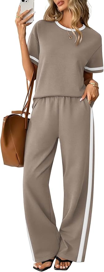 Sampeel 2 Piece Sets for Women Matching Sets Summer Outfits Resort Wear Short Sleeve Lounge Set Wide Leg Pants with Pockets by SAMPEEL
