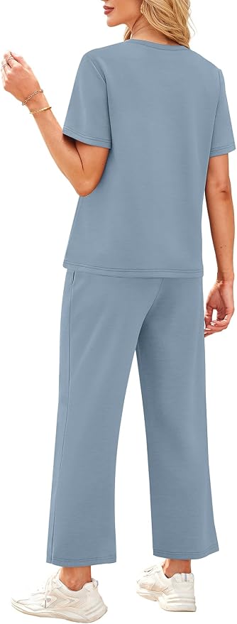 WIHOLL 2 Piece Sets for Women Casual Summer Travel Vacation Outfits Short Sleeve Wide Leg Crop Pants Lounge Sets - Image 5