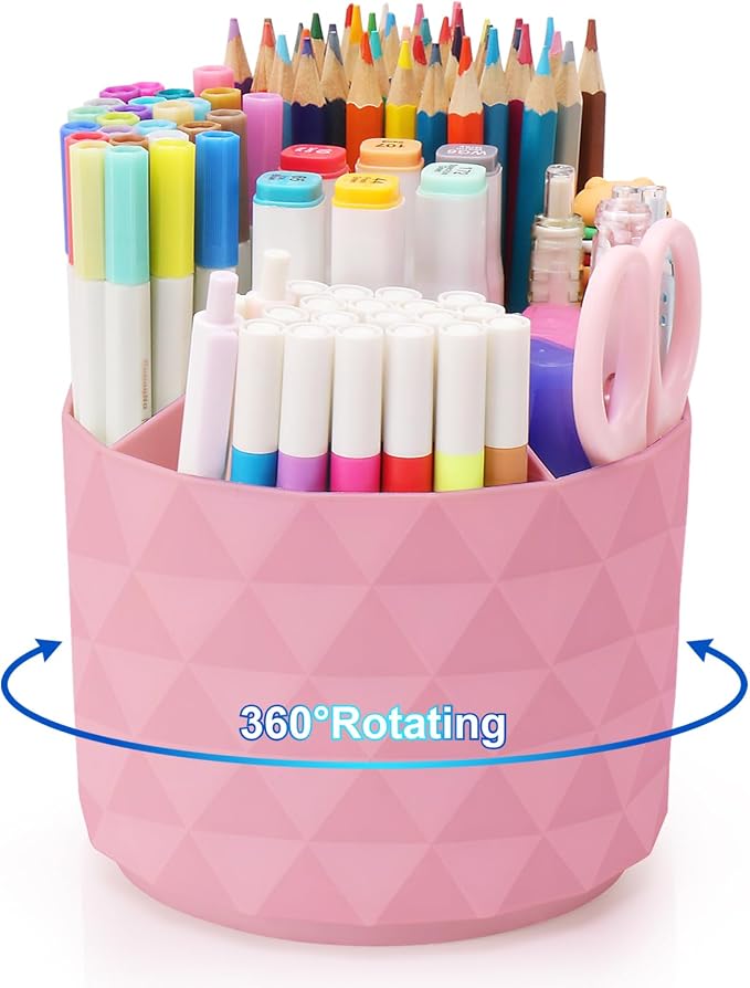 Desk Organizer, 360-Degree Rotating Pencil Pen Holders For Desk, Diamond Pattern Pen Organizer With 5 Compartments, Cute Desk Accessories Decor For Office, School,Home,Art Supply (Pink) by NUOZME