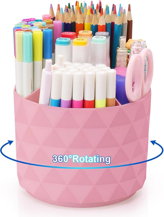 Desk Organizer, 360-Degree Rotating Pencil Pen Holders For Desk, Diamond Pattern Pen Organizer With 5 Compartments, Cute Desk Accessories Decor For Office, School,Home,Art Supply (Pink) by NUOZME