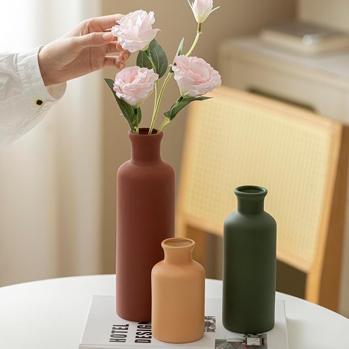 Modern Ceramic Vase Set of 3, Neutral Colors, Decorative Bottles for Home, Farmhouse Rustic Decor, Housewarming Gifts, Wedding Gifts, Bridal Shower Gifts, Birthday Gifts for Women (Green Mix) - Image 2