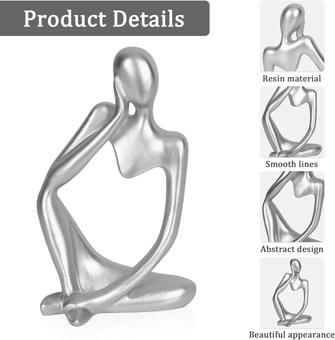 Sandstone Resin Thinker Style Abstract Sculpture Statue Collectible Figurines Home Office Bookshelf Desktop Decor (Small Silver, Left) - Image 4