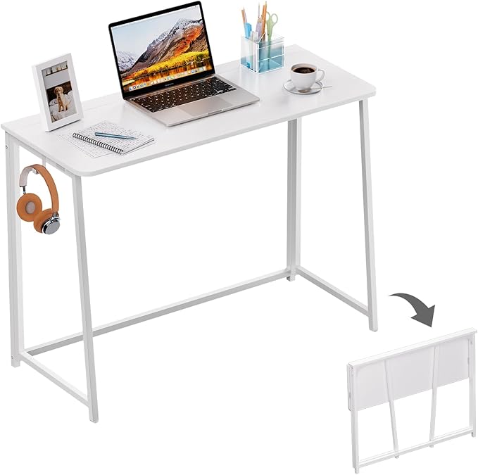 WOHOMO Folding Desk, 39.4" Foldable Computer Table for Small Spaces, White | Easy Assembly and Fold, Sturdy Home office desks for Study Bedroom Dorm Space Saving Writing Work Apartment by WOHOMO