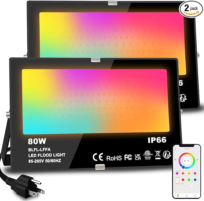 MELPO LED Flood Light Outdoor 800W Equivalent 8000LM Smart RGB Landscape Lighting with APP Control, DIY Scenes - Timing - Warm White 2700K - Color Changing Uplight, IP66 Waterproof US Plug (2Pack) by MELPO
