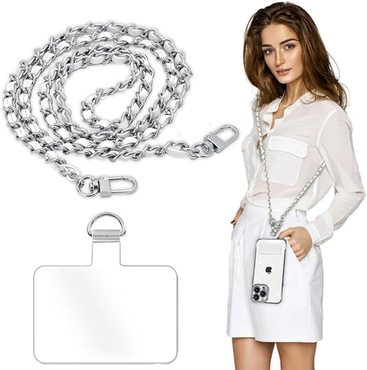 Phone Crossbody Chain Cell Phone Lanyard,Leather+Metal Shouder Strap Universal Cellphone Chain Strap with Tether Patches Compatible with Most Phones Bag Purse Silver+White by Turkalla