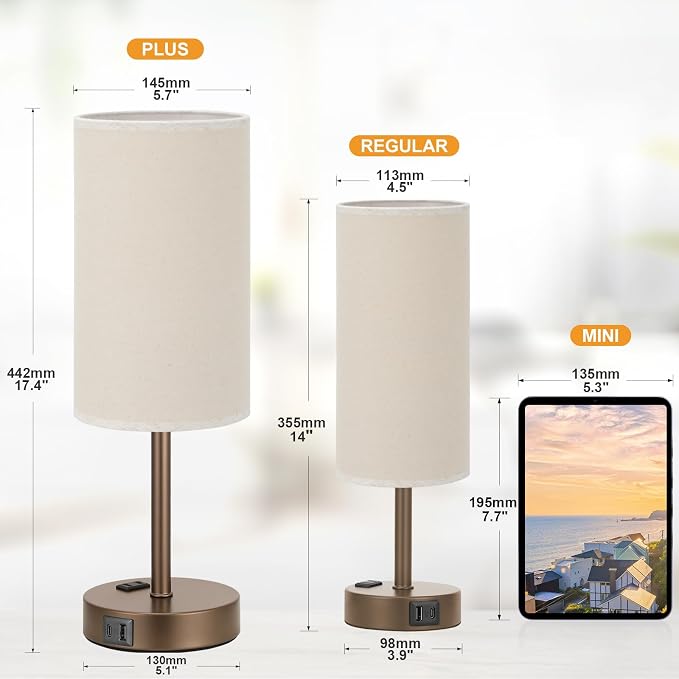 Fenmzee Touch Table Lamp - Beige, 3-Way Dimmable, USB A + C Charging, AC Outlet, 17.4inch Medium, Brown Metal Base - Image 2