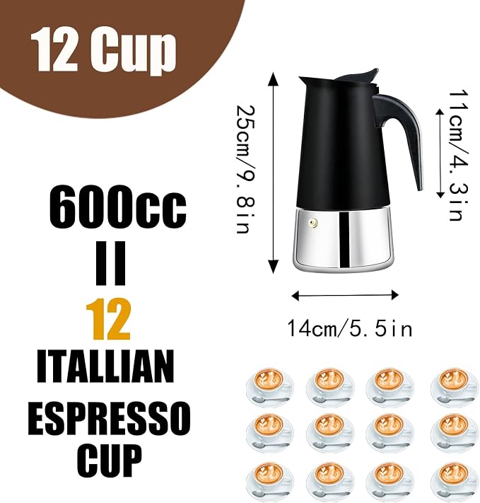 12 Cup Stovetop Espresso Maker Stainless Steel Moka Pot Stove Top Percolator Italian Coffee Makers Capable Mocha Greca Machine Cafe Classic Induction Cookers for Home and Camping 600ml 20oz - Image 3