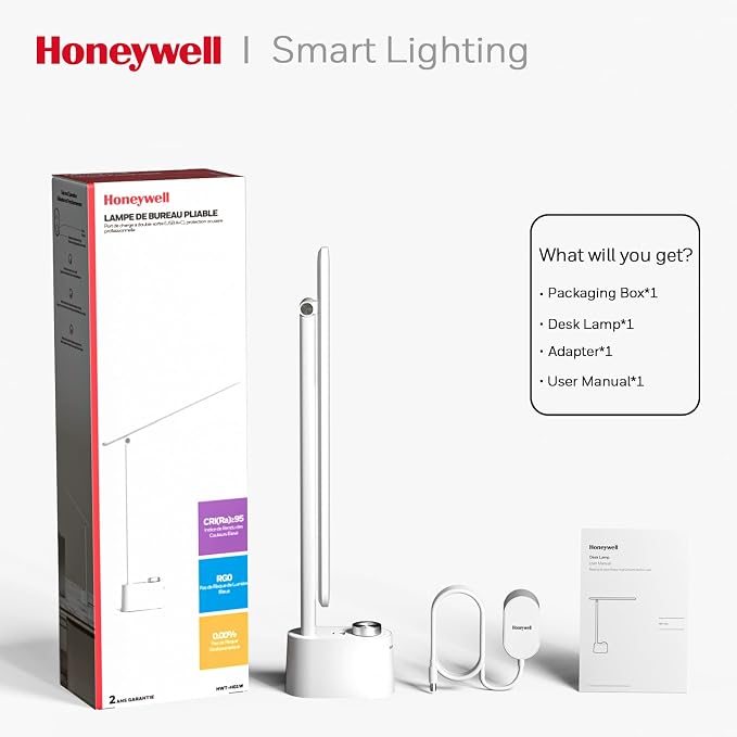 Honeywell LED Desk Lamp with USB Charging Ports - Sunturalux™ HWT-H01 Stepless Dimmable Eye Caring Table Lamp for College Dorm Home Office, Foldable Small Bedside Lamp for Bedroom with Base White - Image 6