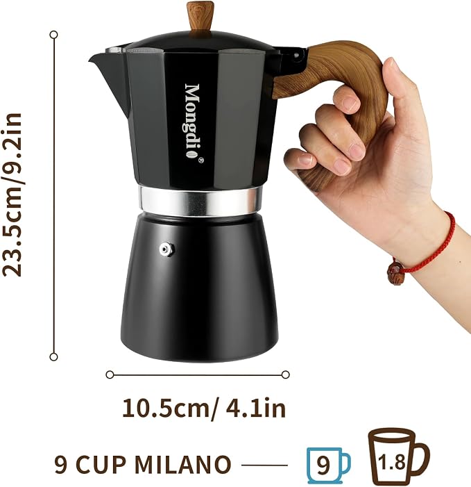 Mongdio Stovetop Espresso Maker Moka Pot, Cuban Coffee Maker Stove top coffee maker Moka Italian Espresso Greca Coffee Maker Brewer Percolator, 9 Espresso Cups, 15 oz - Black - Image 5