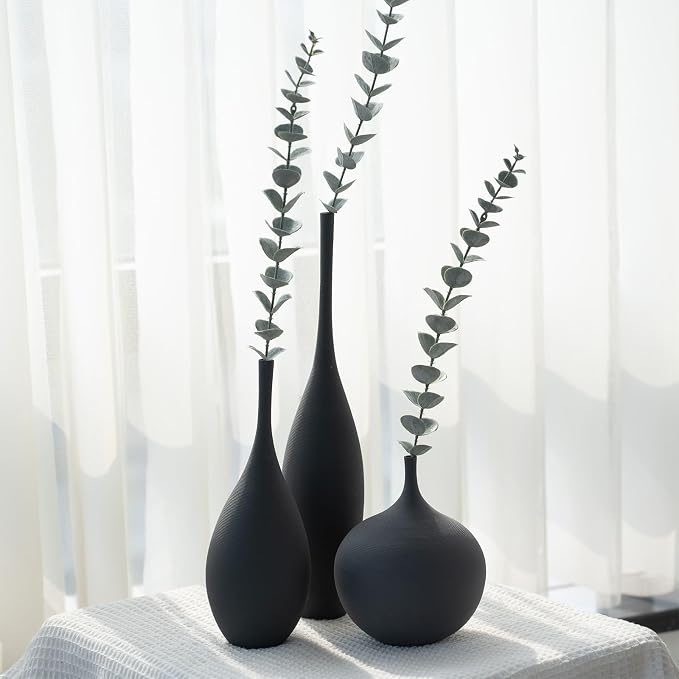 Relexome Black Ceramic Vase Modern Boho Wabi-Sabi Flower Vase Set of 3 Decorative Aesthetic Vases for Centerpieces Matte Minimalist Vases for Living Room Table Shelf Home Decor Gift - Image 4