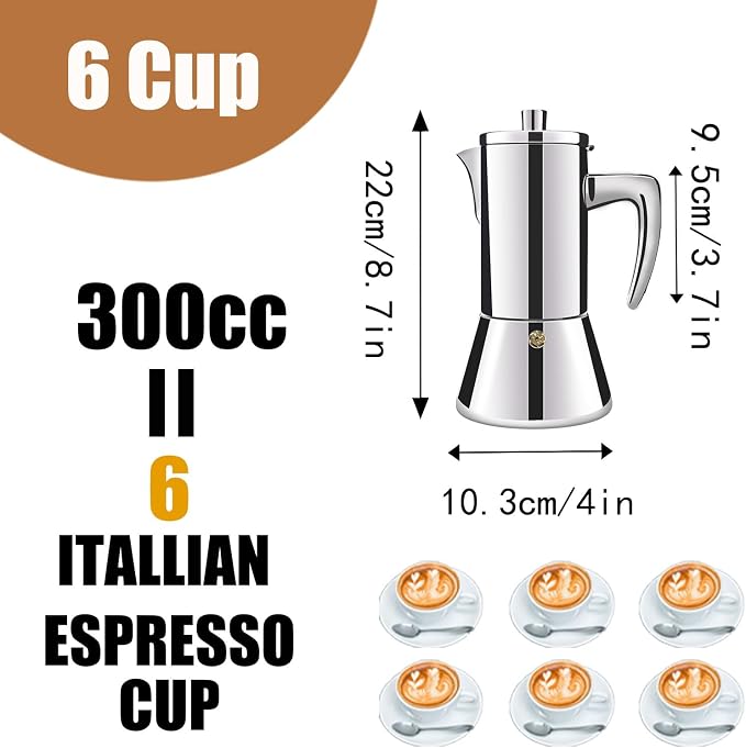 6 Cup Thickened 304 Stainless Steel Moka Pot Stovetop Espresso Maker Cafeteras Italian Percolator Espress Makers Capable Greca Mocha Coffee Machine for Induction Home and Camping 300ml 10oz - Image 2
