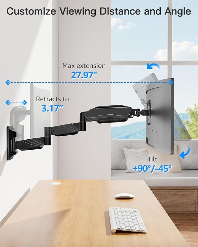 Long Arm Monitor Wall Mount for Max 32 inch Computer Screen, Extra Long Adjustable Single Wall Mount Monitor Arm, Full Motion Vesa Wall Bracket 100x100, Hold up to 17.6lbs, Black - Image 9